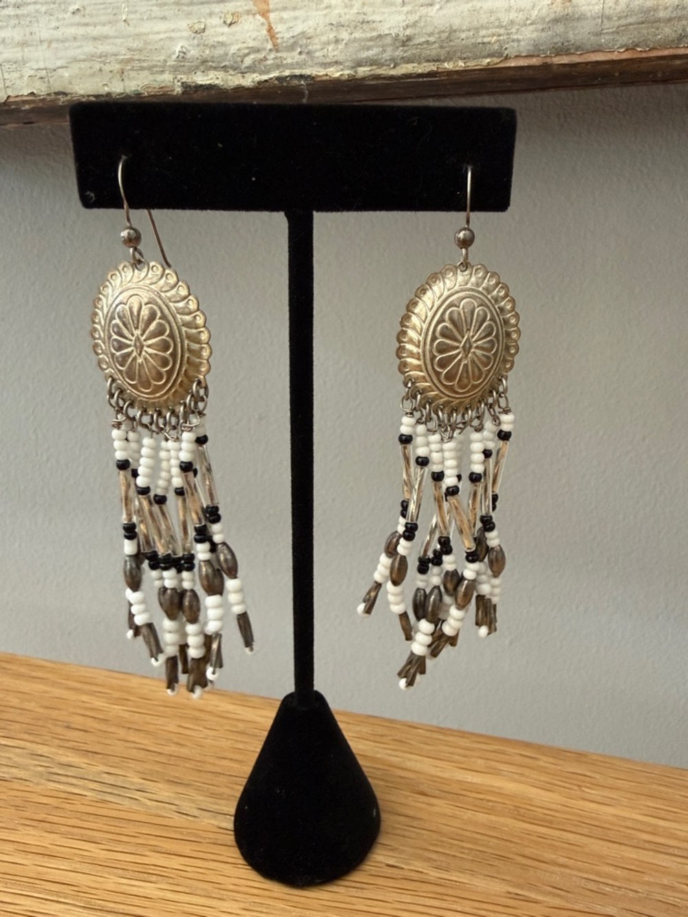 Handmade Sterling Silver & White, Black, Silver Beaded Fringe Earrings Boho Vibe